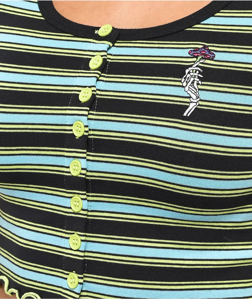 Empyre Paris Black, Yellow & Blue Stripe Crop Button Shirt