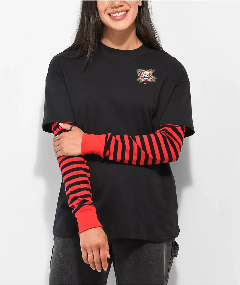 Empyre Roxie Skull & Rose Black & Red Layered Long Sleeve T-Shirt