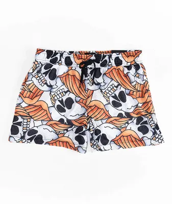 Empyre Skull Print Orange Mesh Shorts