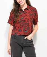 Empyre Sonya Skull Wine Crop Short Sleeve Button Up Shirt