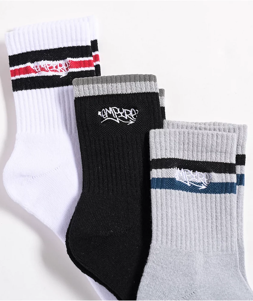 Empyre Stripe Logo Black, White, & Grey 3-Pack Quarter Socks