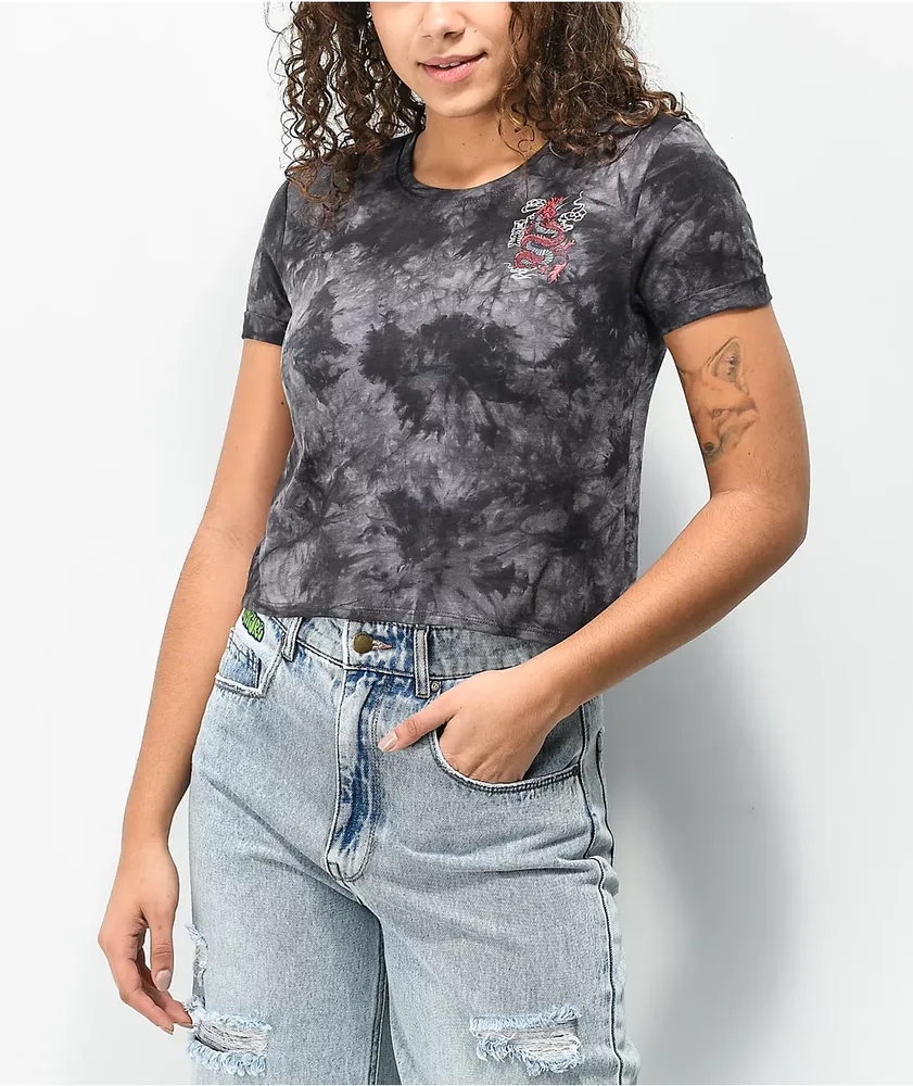 Empyre Yohanna Dragon Black & Grey Tie Dye Crop T-Shirt