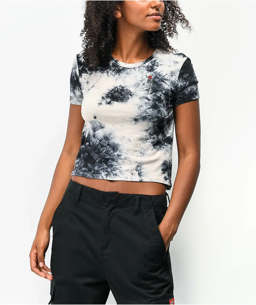 Empyre Yohanna Skeleton Rose Black Tie Dye Crop T-Shirt