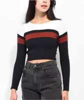 Ethos Maroon Colorblock Long Sleeve Crop Sweater