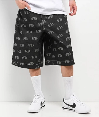FB County All Over Black Denim Shorts