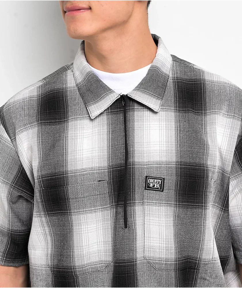 FB County Checker Grey Half Zip Short Sleeve Flannel Shirt