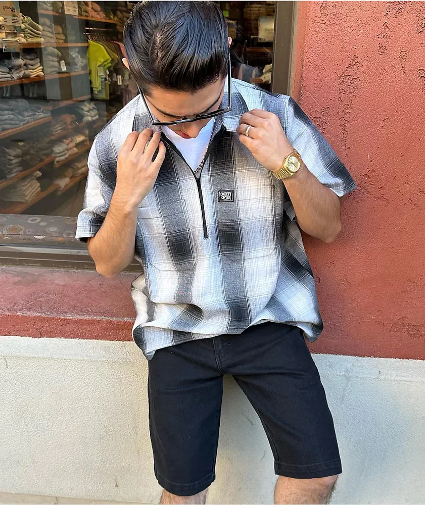FB County Checker Grey Half Zip Short Sleeve Flannel Shirt
