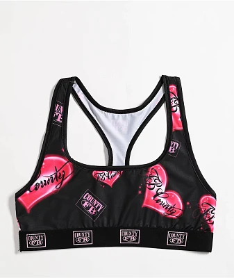 FB County Heart Print Black & Pink Sports Bra