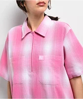 FB County Pink Plaid Zip Short Sleeve Woven Shirt 