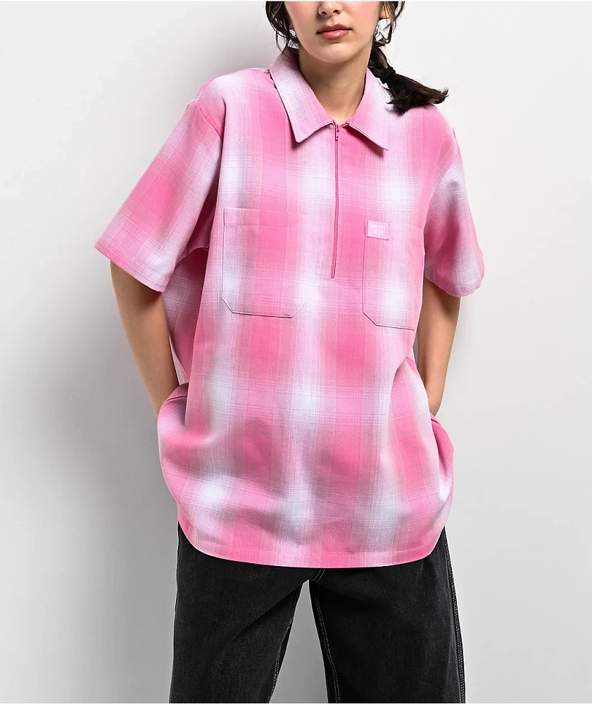 FB County Pink Plaid Zip Short Sleeve Woven Shirt