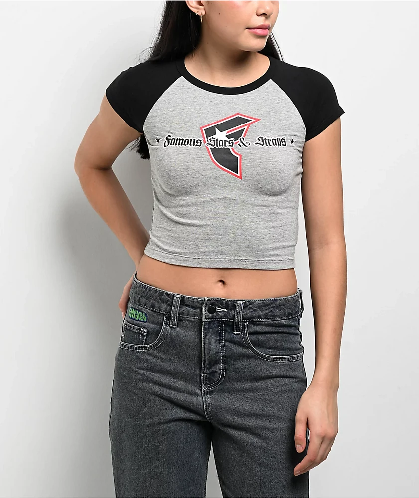 Famous Stars & Straps Stacked Grey Crop Raglan T-Shirt