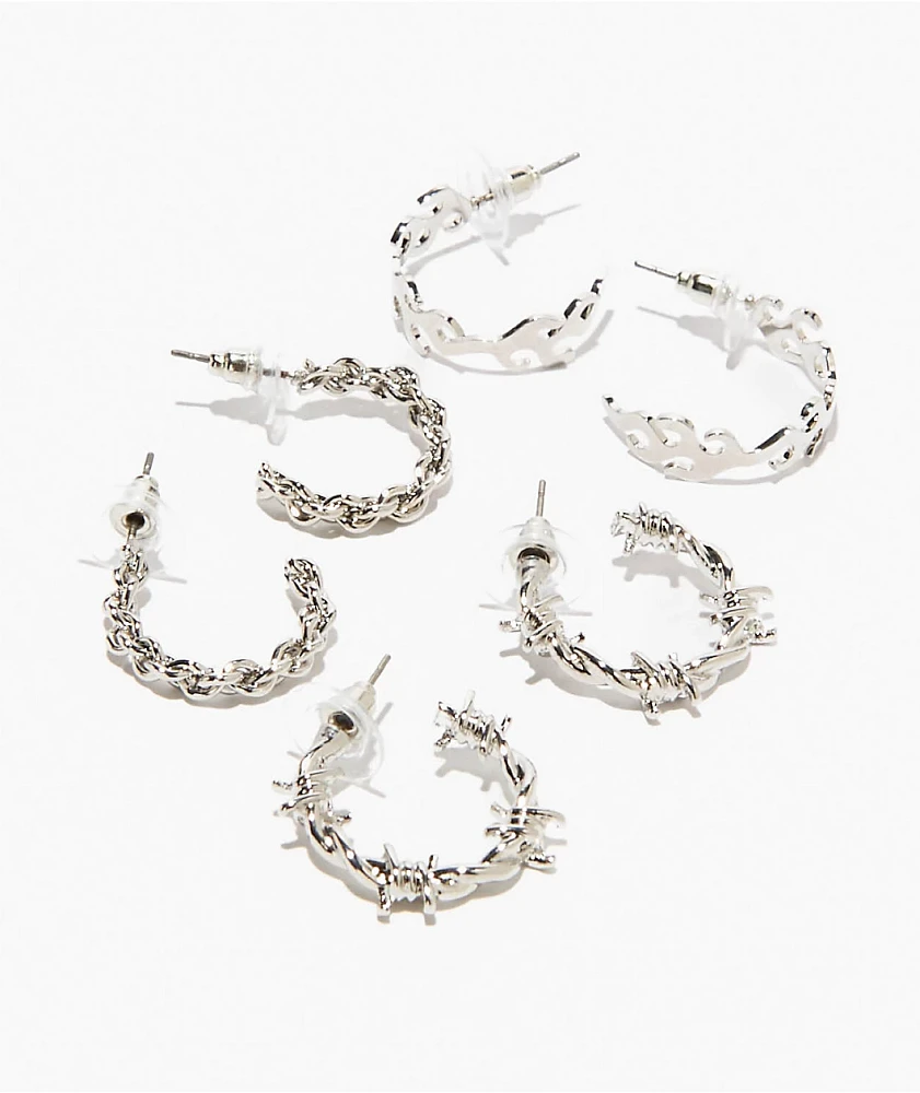 Fantas Eyes Barbed Wire, Chain & Flame Silver 3 Pack Hoop Earrings