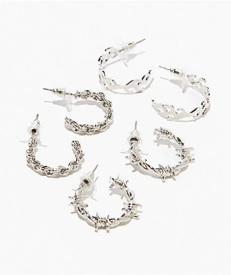 Fantas Eyes Barbed Wire, Chain & Flame Silver 3 Pack Hoop Earrings