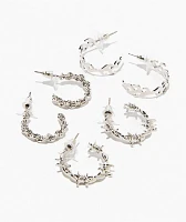 Fantas Eyes Barbed Wire, Chain & Flame Silver 3 Pack Hoop Earrings