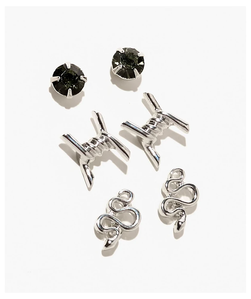 Fantas Eyes Barbed Wire & Snake Silver 3 Pack Stud Earrings