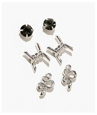 Fantas Eyes Barbed Wire & Snake Silver 3 Pack Stud Earrings