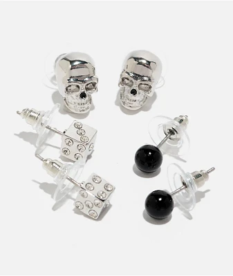 Fantas Eyes Dice & Skull Silver 3 Pack Stud Earrings
