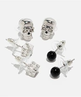 Fantas Eyes Dice & Skull Silver 3 Pack Stud Earrings