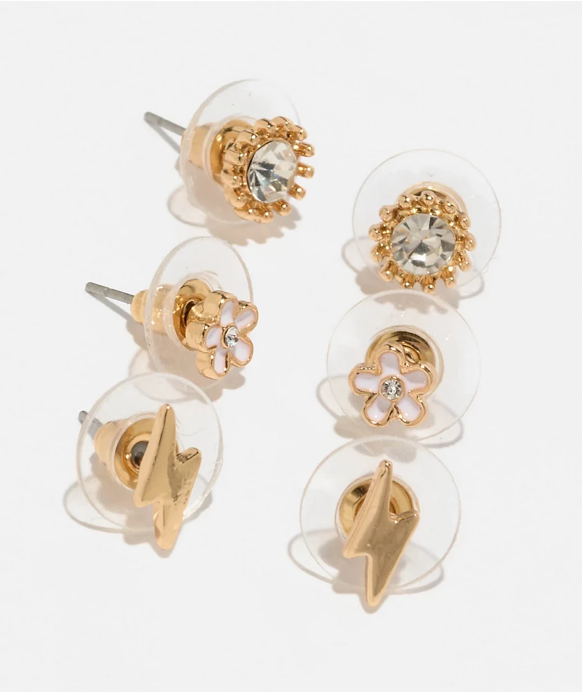 Fantas Eyes Flower & Bolt Gold 3 Pack Stud Earrings