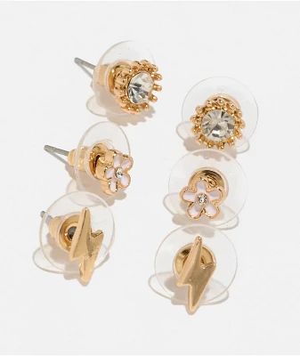 Fantas Eyes Flower & Bolt Gold 3 Pack Stud Earrings
