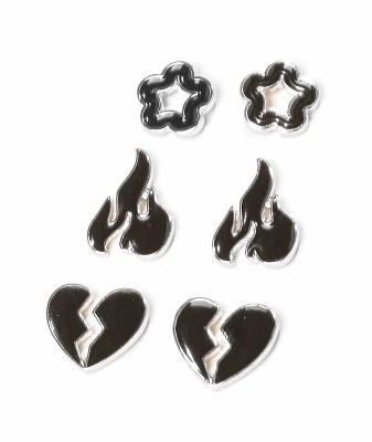 Fantas Eyes Heart & Flame 3 Pack Stud Earrings