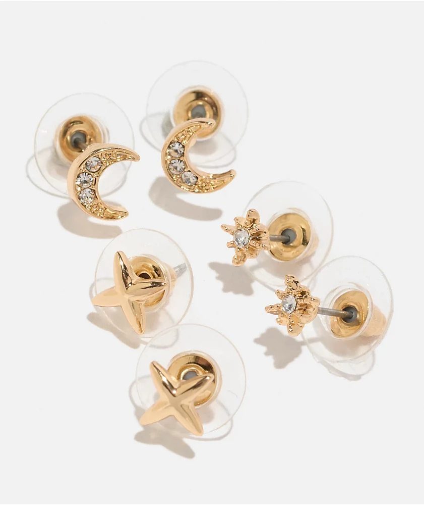 Fantas Eyes Night Sky Gold 3 Pack Stud Earrings