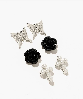 Fantas Eyes Rose & Butterfly 3 Pack Stud Earrings