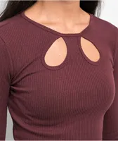 Fivestar Cutout Deep Plum Long Sleeve Crop Top