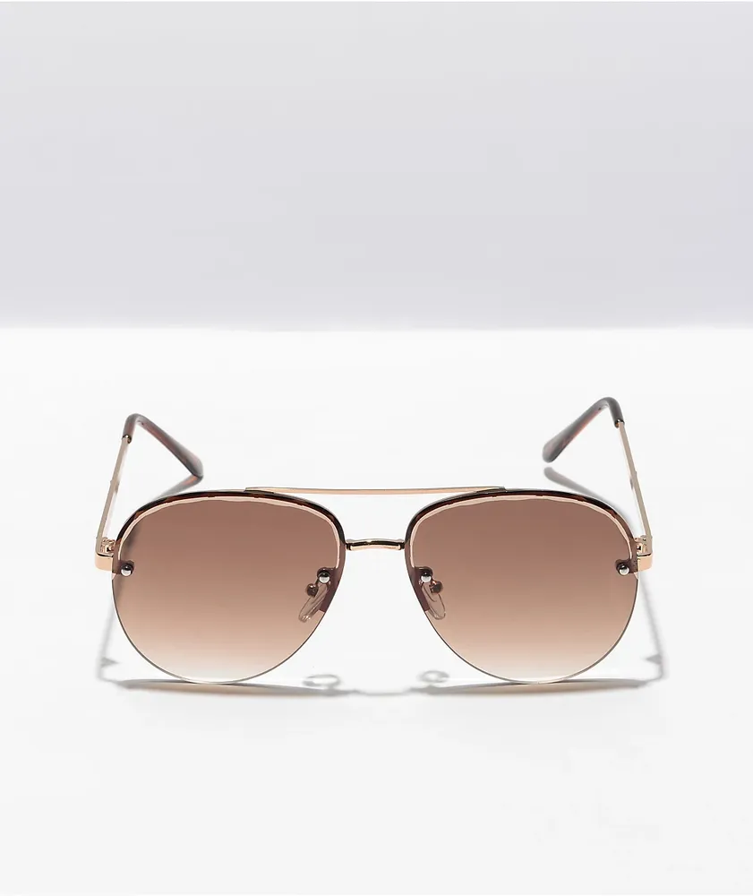 Frameless Brown & Gold Pilot Sunglasses