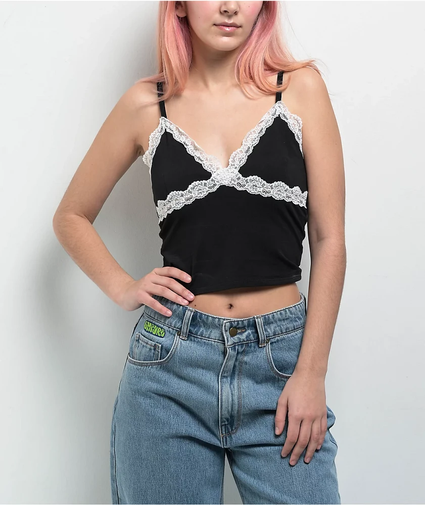 Freeworld Ellouise Lace V Black Crop Tank Top