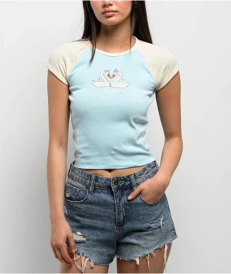 Freeworld Pammie Pointelle Light Blue & Cream Raglan T-Shirt