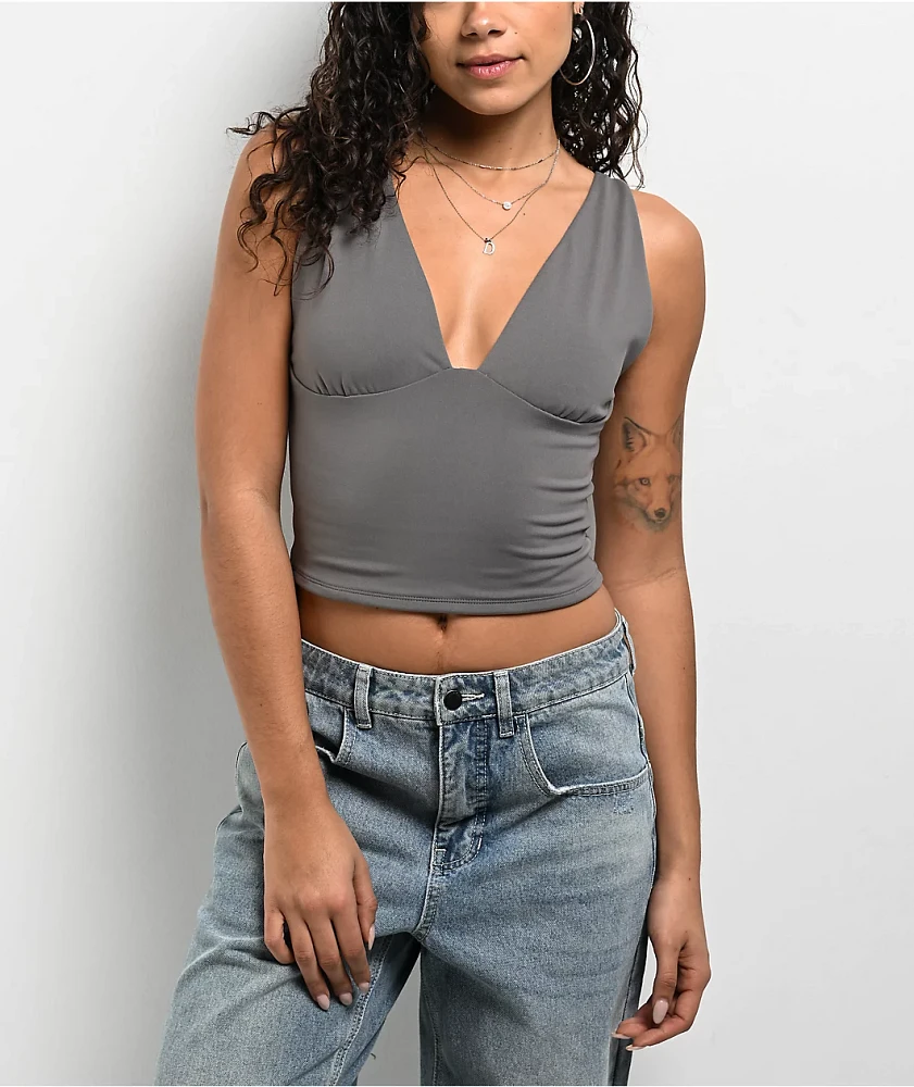 Freeworld Pheobe Grey V-Neck Crop Tank Top