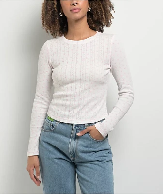 Freeworld Thea Pointelle Bow White & Pink Crop Thermal Long Sleeve T-Shirt