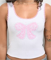 Freeworld Zaylee Pink Bow Rhinestone White Tank Top