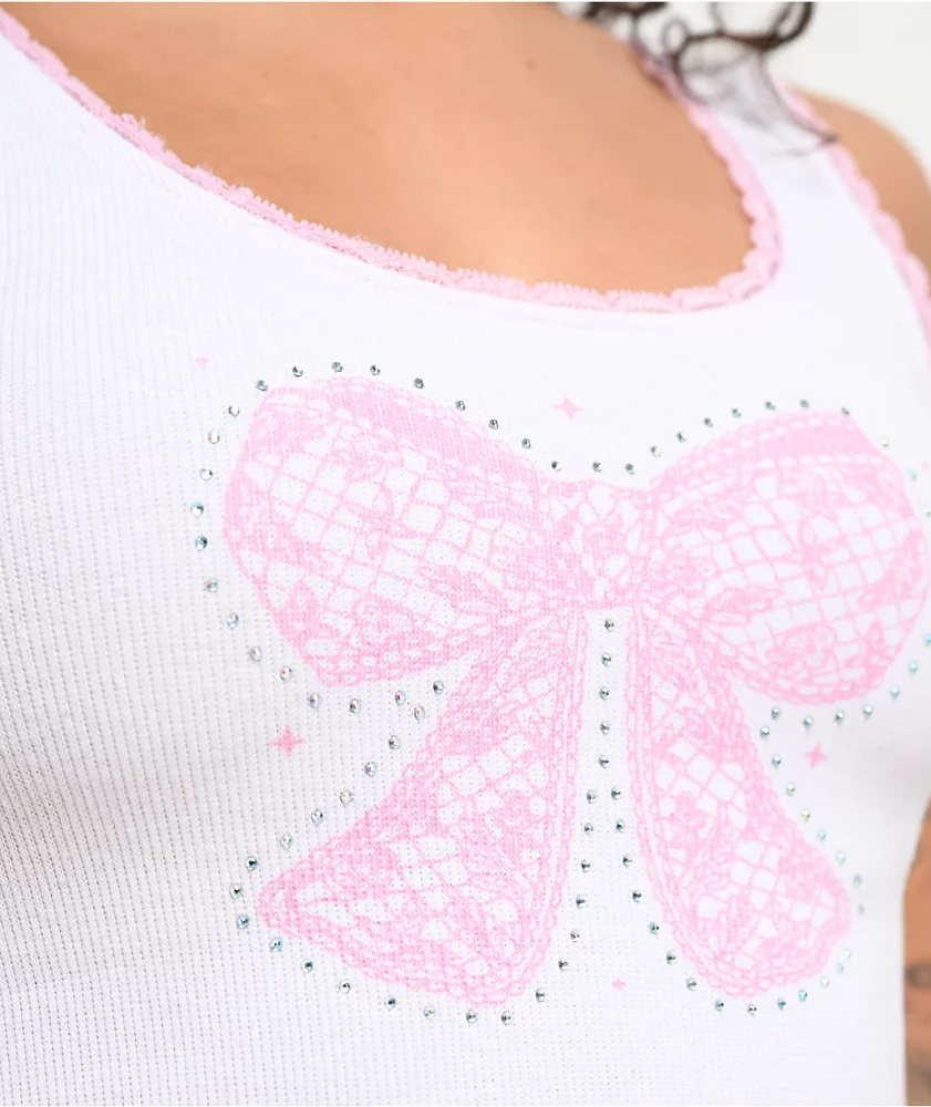 Freeworld Zaylee Pink Bow Rhinestone White Tank Top