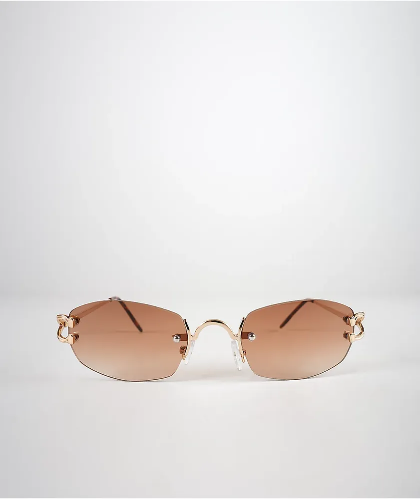 Gold & Brown Oval Frameless Sunglasses