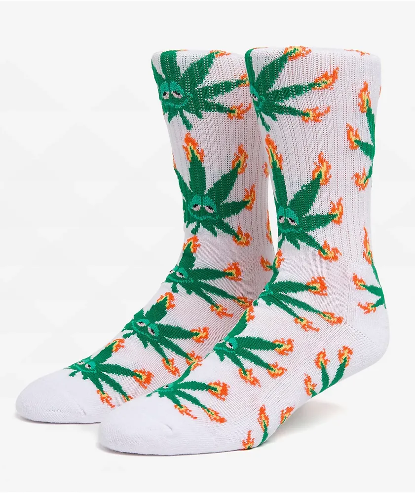 HUF Green Buddy Flame White Crew Socks