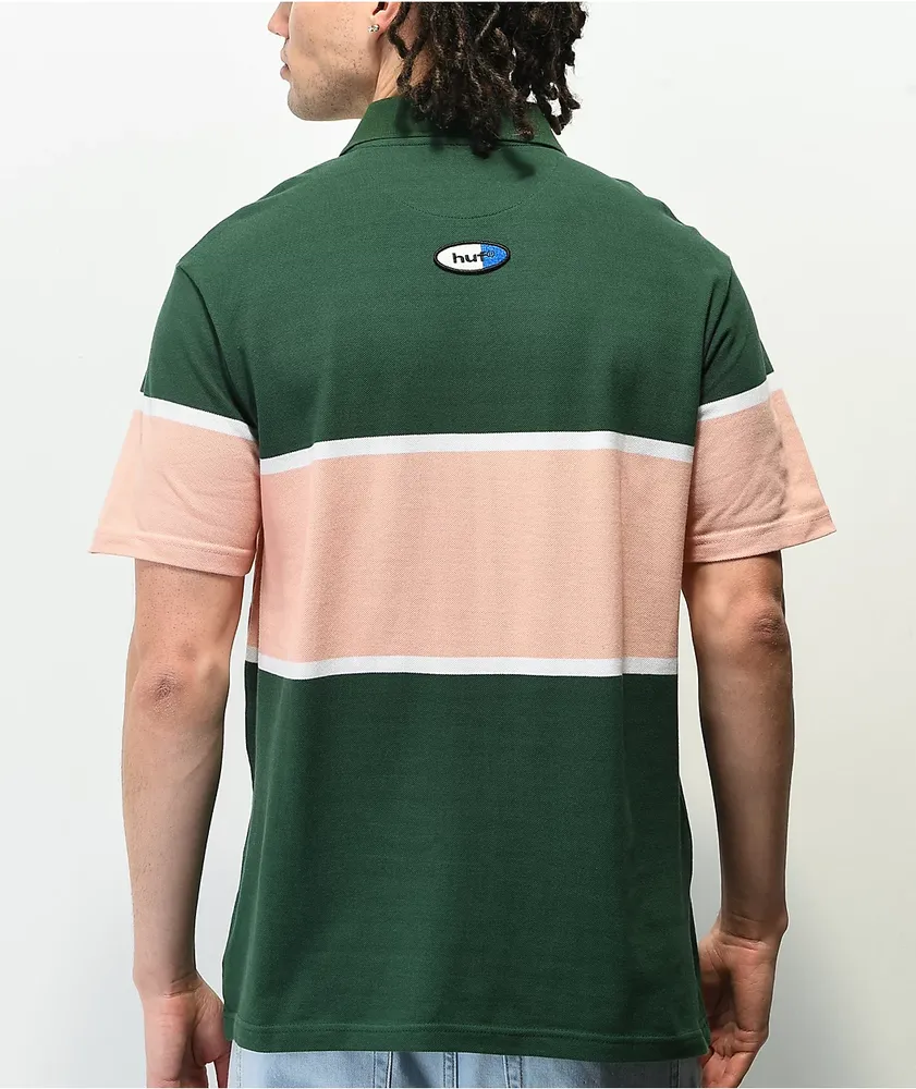 HUF Power Unit Green, Salmon, & White Stripe Polo Shirt