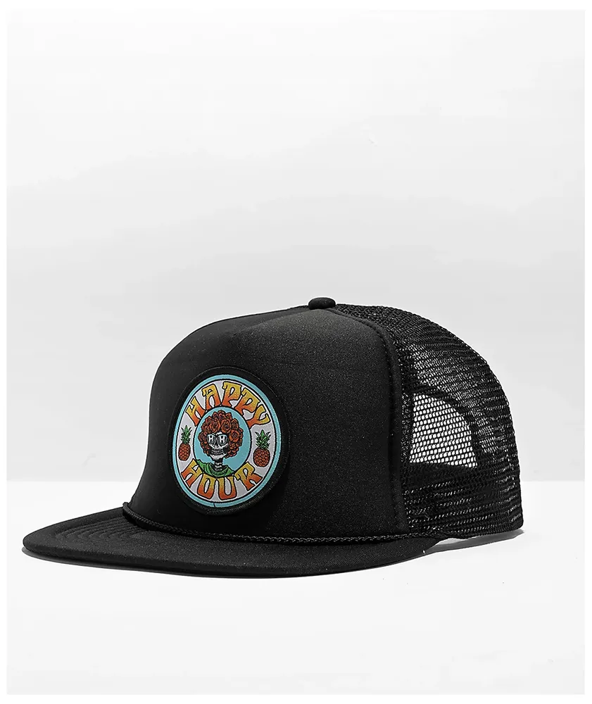 Happy Hour Skull And Roses Black Trucker Hat