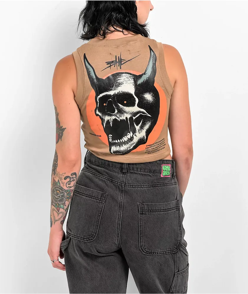 Hell & Company Braincase Brown Crop Tank Top