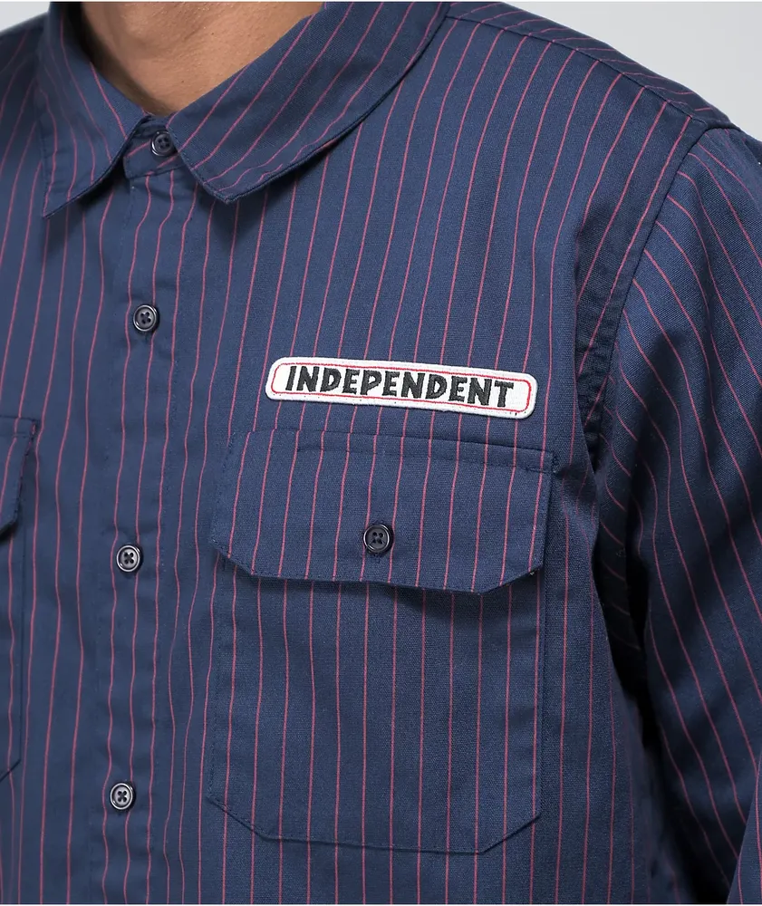 Independent Bar Logo Navy & Red Pinstripe Button Up Shirt