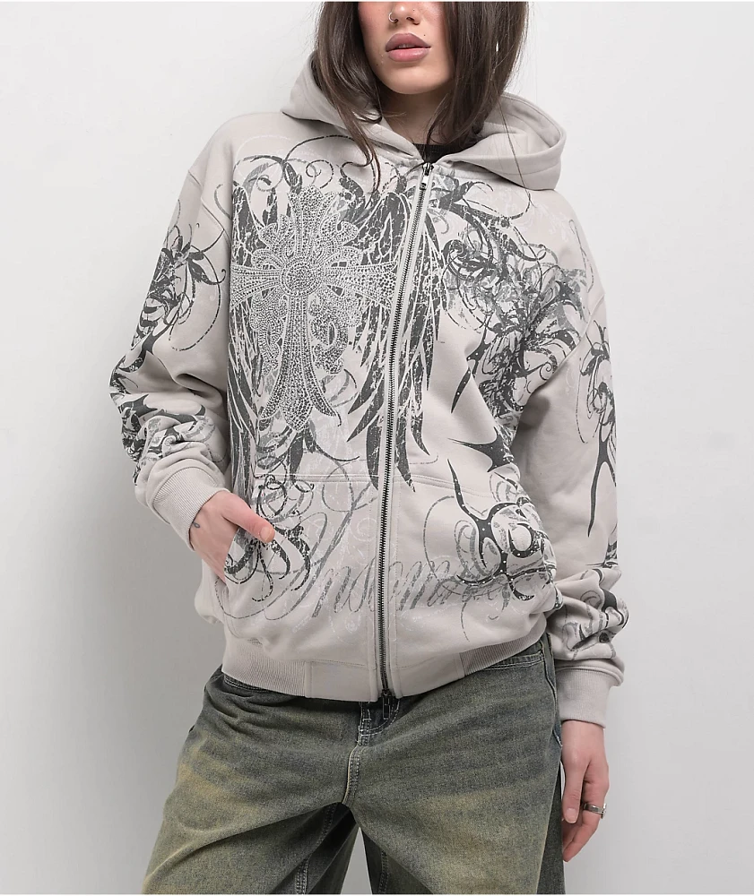Insomnia Visuals Eclipse Rhinestone Light Grey Zip Hoodie