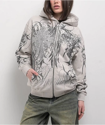 Insomnia Visuals Eclipse Rhinestone Light Grey Zip Hoodie