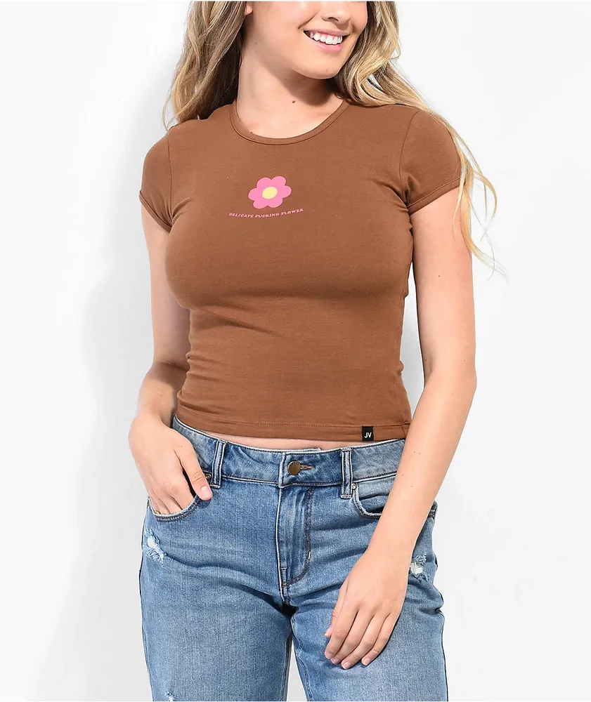 JV By Jac Vanek Delicate Flower Brown T-Shirt