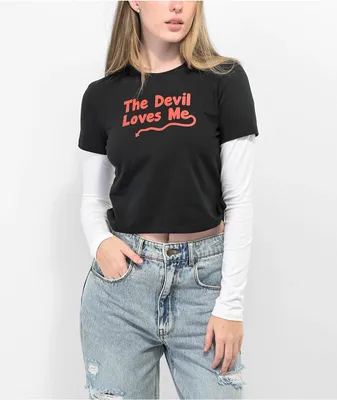 JV By Jac Vanek Devil Love Black & White Layered Long Sleeve T-Shirt