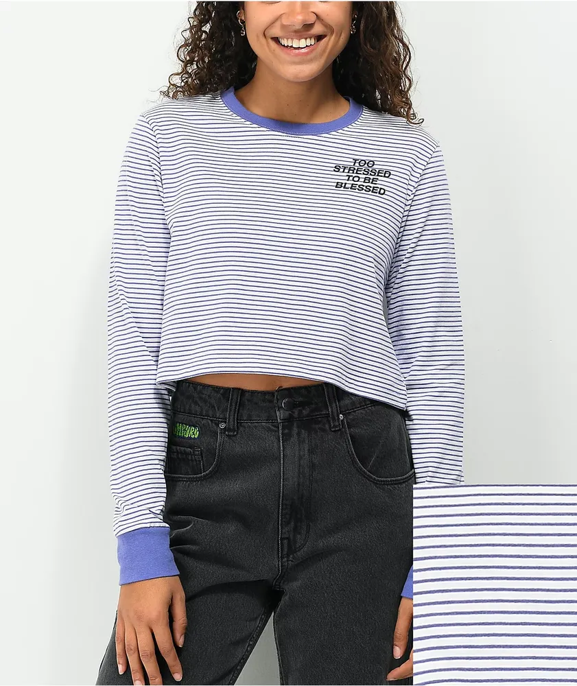 JV by Jac Vanek Too Stressed White & Purple Stripe Crop Long Sleeve T-Shirt