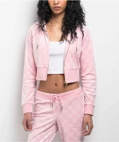 Juicy Couture Embossed Whisper Pink Raglan Corset Velour Crop Zip Hoodie