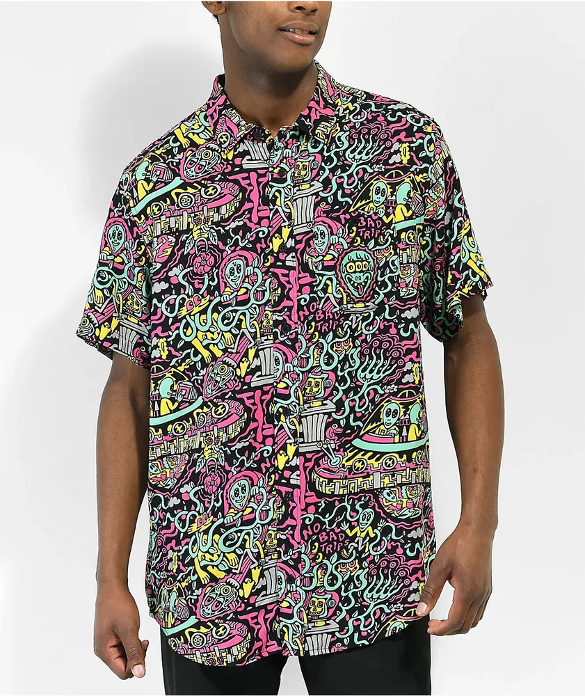 Killer Acid No Bad Trips Black Short Sleeve Button Up Shirt