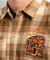 Killer Acid Skully Brown Plaid Long Sleeve Button Up Shirt