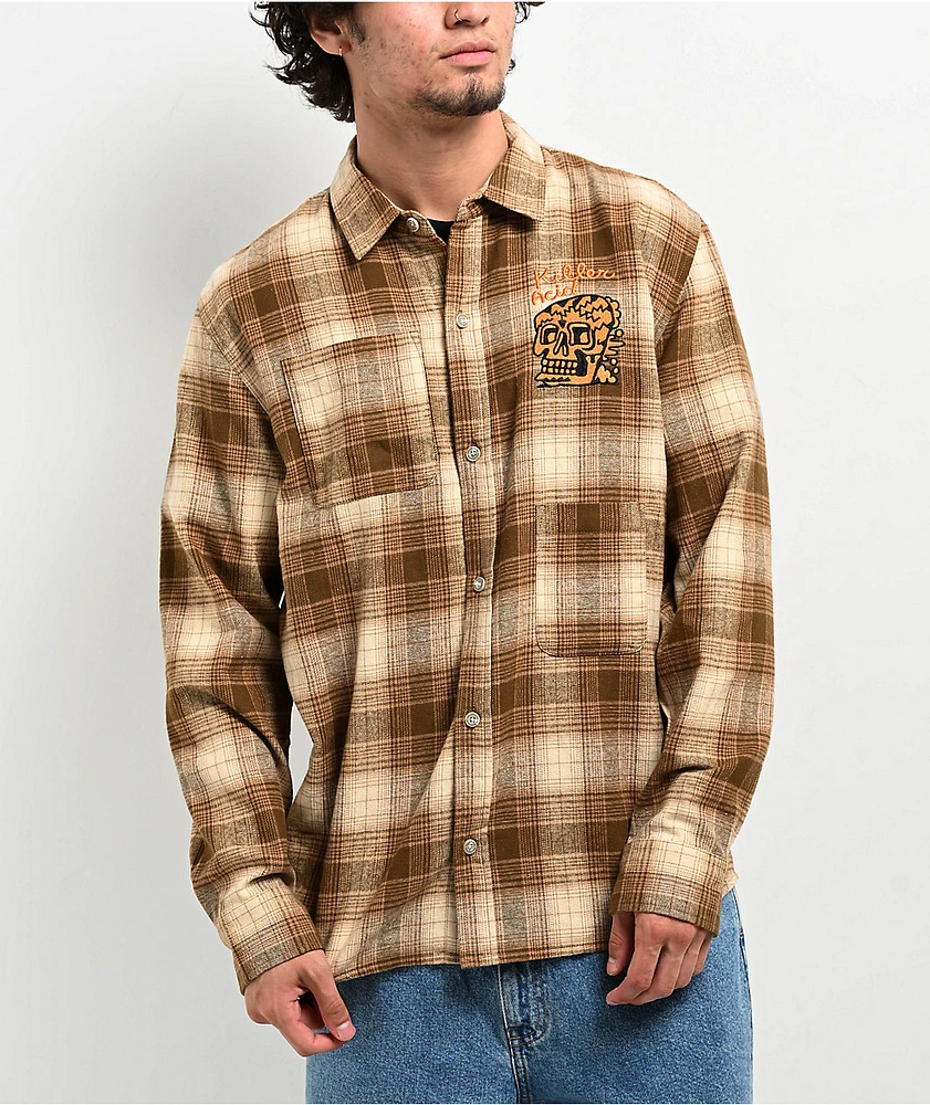 Killer Acid Skully Brown Plaid Long Sleeve Button Up Shirt